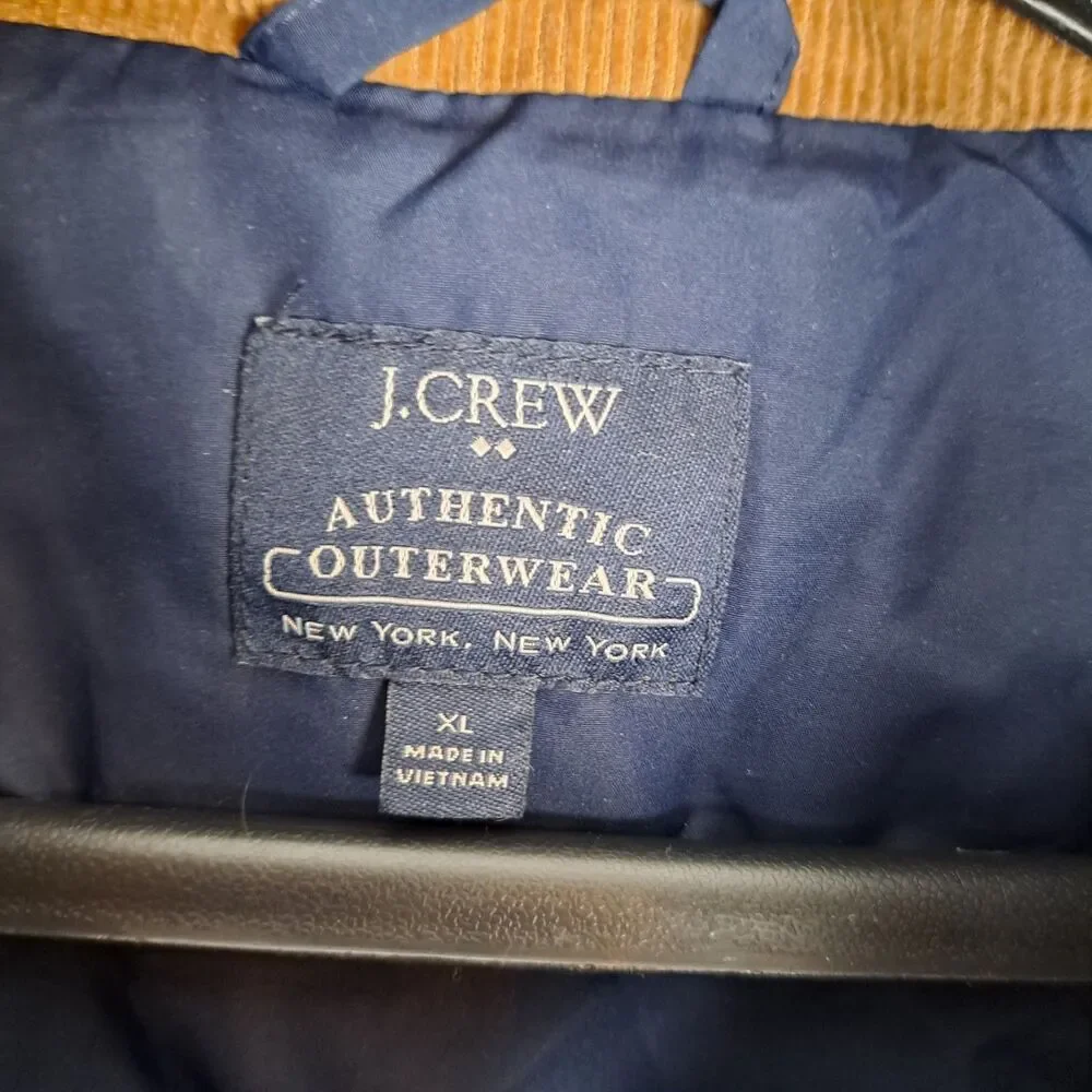 J.Crew Men's Puffer Vest Navy‎ Blue with Brown Corduroy Trim Size XL